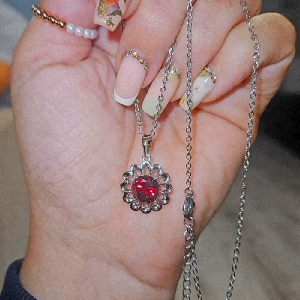 Red Flower Ruby Silver Necklace